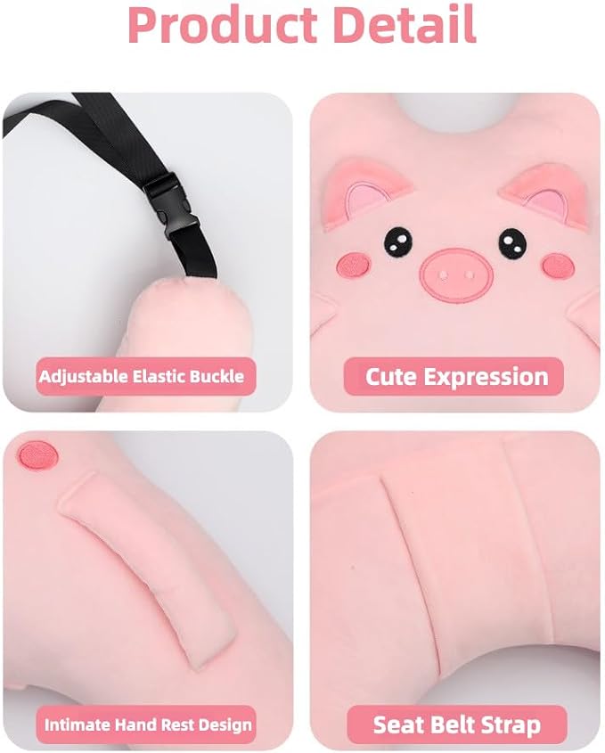 Car Pillow for Travel – Animal-Themed Car Seat Cushion with Safety Belt Protector – 4 Cute Styles: Pig, Dog, Rabbit, Panda (Pig)