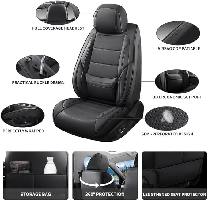 Car Seat Covers Full Set Custom Fit for Ford Taurus 1999-2018 - Premium Leather with Lumbar Support, Breathable, Anti-Slip & Excellent Seating Experience (Black, Full Set)