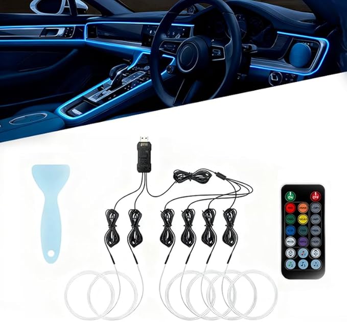 Car LED Lights Interior for Ford Focus RS/ST/Electric 2016–2018, 6 in 1 Ambient Lighting Kit with Remote Control, Car USB LED Strip Lights with Sync to Music, for Cars Trucks SUVs, 8m