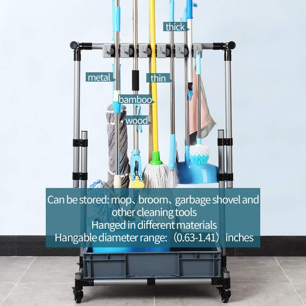 Broom And Mop Holder Put Wet Movable Floor-Mounted Mop Rack Floor Standing Cleaning Tool Cart Storage For Garden Garage Schools, Hospitals, Factories, Hotels,Property Companies