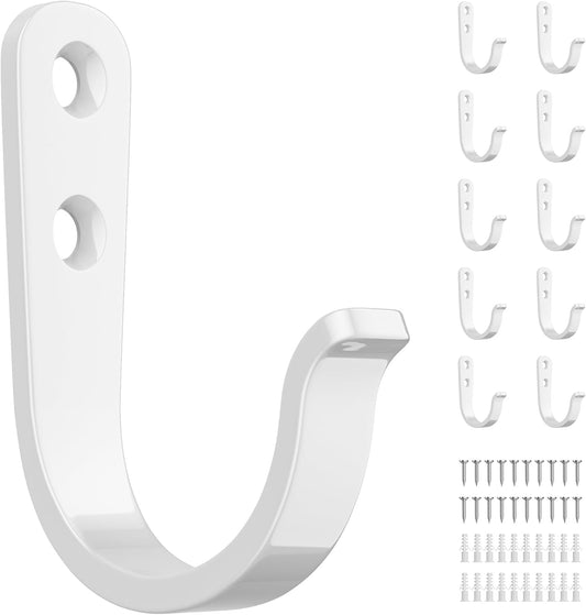 10Pcs Wall Hooks for Bathroom, Kitchen, Closet, and Garage - White Metal Hooks for Hanging Coats, Towels, Hats, Keys, Bags, and Coffee Cups - Holds Up to 40 lbs