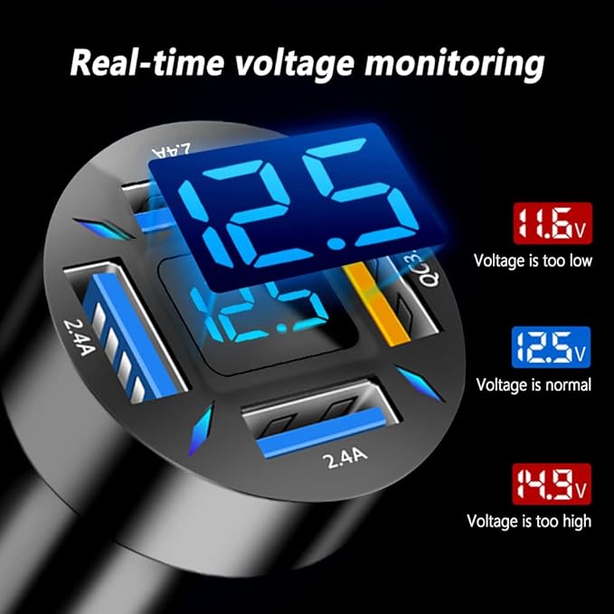66W Fast USB Car Charger Fast Charge with Voltmeter LED Light Display Car Charger Adapter Compatible for iPhone 14/13/12/11pro/x/8/S22/S22+/Ultra/S21/S10/S9