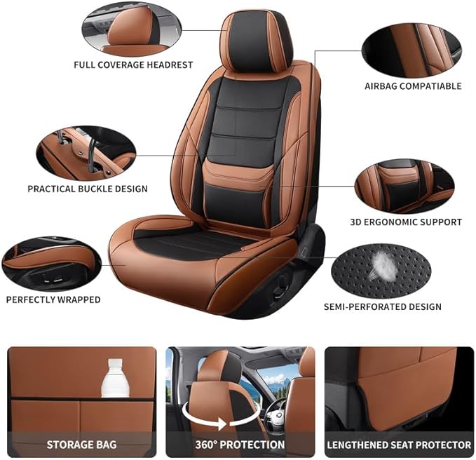 Car Seat Covers Custom Fit for Chevrolet/Chevy Sonic 2011-2020 , Premium Faux Leather Waterproof Car Seat Protectors with Lumbar Support, Breathable Anti-Slip Easy to install(Black&Brown,Full set)