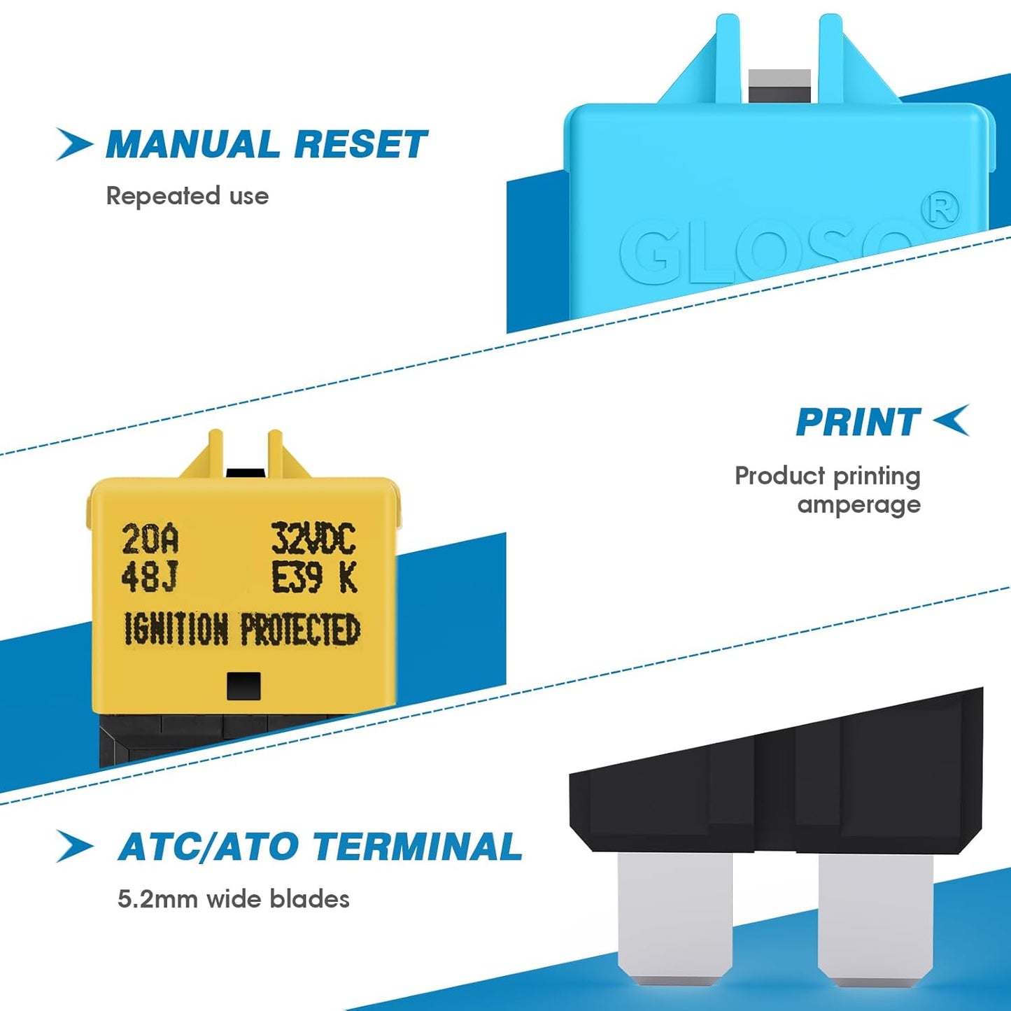 GLOSO Circuit Breaker Fuse E39 (T3) Manual Reset for Car Truck RV Automotive Marine Boat Trolling Motor & Custom Wiring Audio Battery Protection/Low Profile ATC/ATO (25A - 5 Pack)