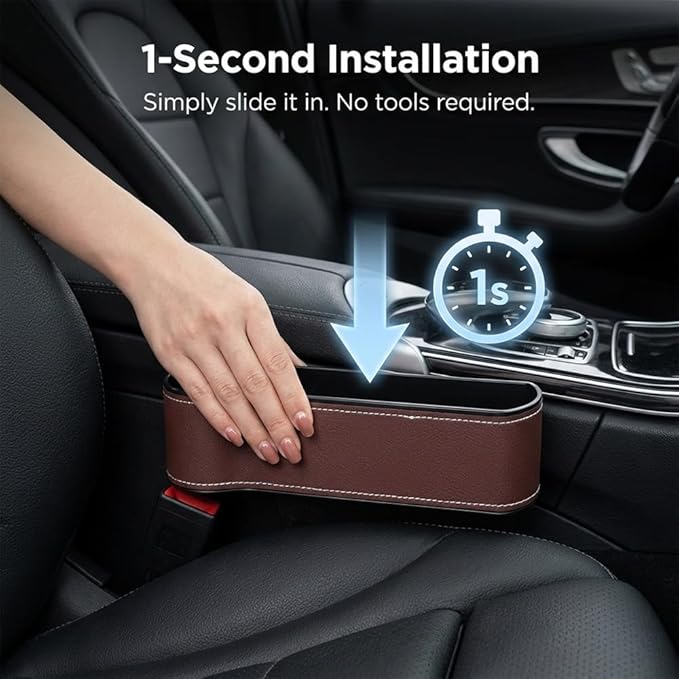 Car Seat Gap Filler Organizer, 2026 New Premium Leather Console Organizer for Holding Phone, Sunglasses, Auto Console Side Storage Box with Cup Holders 2 Seat Hooks for Drink (Black, Driver's Seat)
