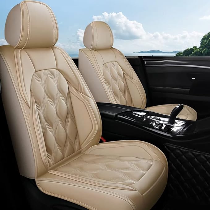 AOMSAZTO Car Seat Cover Full Set 5 Seats Fit for Subaru Forester 1998-2025 2026 Leather Car Seat Cushion Protector Compatible Airbag Waterproof Automotive Seat Covers Beige