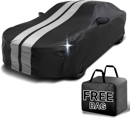 iCarCover Custom Car Cover for Chevy Malibu (1997-2025) Waterproof All Weather Rain Snow UV Sun Protector Full Exterior Indoor Outdoor Car Cover (Stripe - Black/Gray)