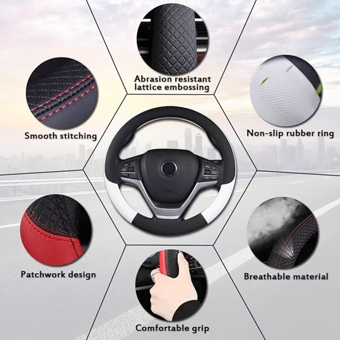Pahajim Car Steering Wheel Cover for Women Men Universal PU Leather Steering Wheel Accessories Anti Skid 14.5-15 Inch (37-38cm) Forro Volante Carro (Black)