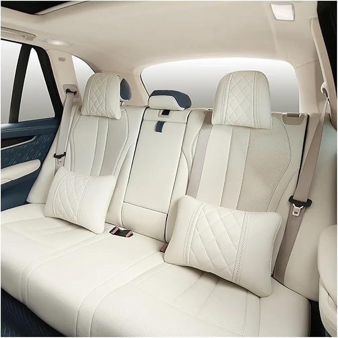 Car seat headrest Leather Car Fit for Seat Rest Cushion Headrest Car Neck Pillow Fit for BMW (Color : Beige Black)