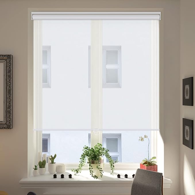 LUCKUP Light Filtering Roller Shades for Windows, Cordless Semi Sheer Solar Blinds with 5% Openness Free-Stop Window Shades for Home & Office, White 31" W x 72" L