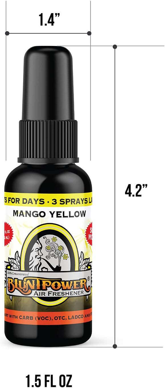 BluntPower (Mango Yellow, 1 Pack) Concentrated Air Freshener for Room and Car Spray - Oil-Based Diffuser Spray Bottle - Long-Lasting Bathroom Spray, Car Freshener, & Odor Eliminator Spray