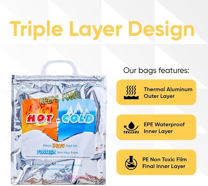 Superio Hot and Cold Insulated Bags for Food Delivery, Grocery Shopping Bags, Food Storage for Hot and Frozen Food for Travel, Disposable Cooler Bag, Reinforced Thermal Lunch Bag (10, 13.5"x17.5")