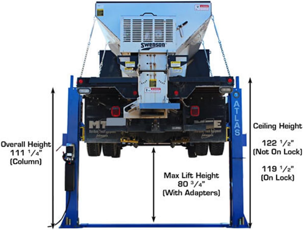 Atlas Automotive Equipment BP12000X 2-Post Commercial Grade Vehicle Lift, Baseplate, Open-top Style, 10’4” Minimum Ceiling Height, 12,000lb Capacity, 3-Stage Symmetric Arms, For Low Ceiling Garage Use