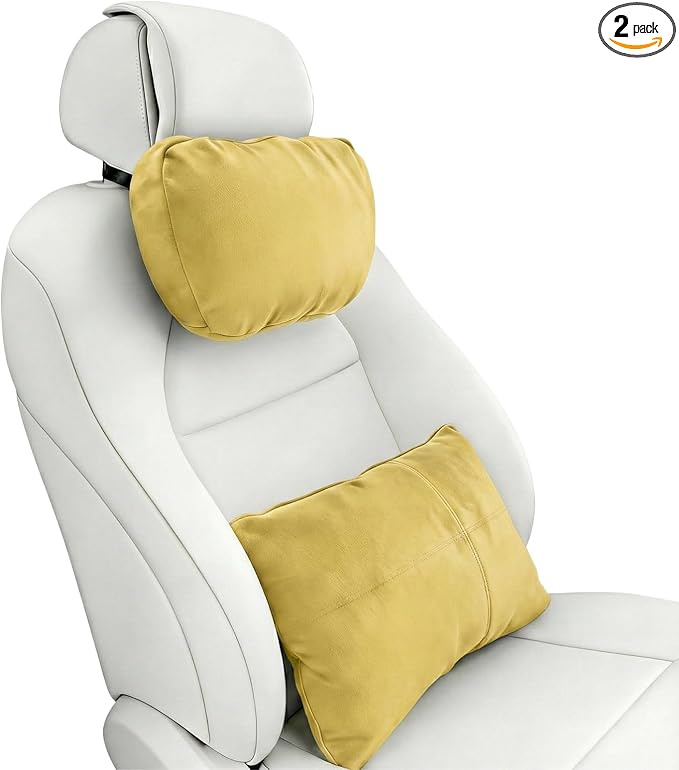 2PCS Car Pillow for Car Neck Pillow for Driving Seat Neck Support Soft Cushion Back Support Head-Rests for Vehicle Sleeping with Elastic Adjustment Strap (Golden, Head and Lumbar)