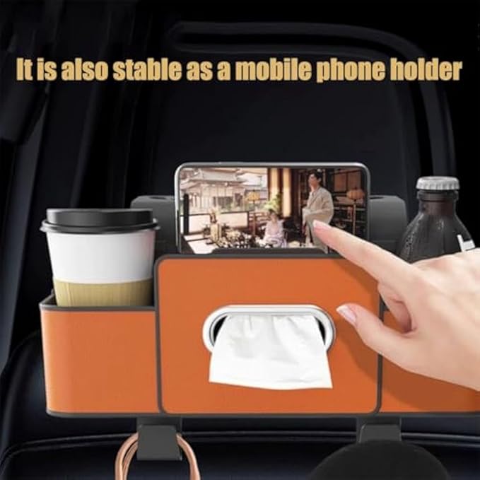 Car Organizers and Storage Box, Multifunctional Car Organizer and Storage Box Back Seat, 3-in-1 Holder Tissue Dispenser, Phone Stand for Snacks, Drinks, Bag Hook, Keep Tidy & Organized (Orange)