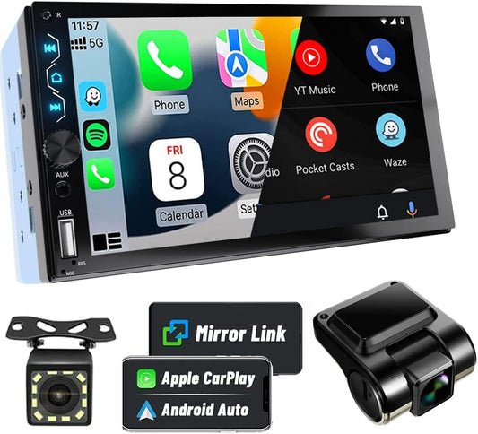 Leadfan Double Din Car Stereo with Dash Cam,7 Inch Full HD Touchscreen Car Audio Receiver Support Carplay and Android Auto,Car Stereo with Bluetooth,Mirror Link,Backup Camera,FM/USB/AUX/Subwoofer
