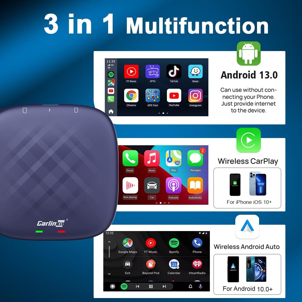 CarlinKit 8+128G - Wireless CarPlay&Android Auto Adapter,CarPlay Ai Box for car Wired CarPlay,8-Core,Bulit-in GPS,Ultra-Thin,Android 13.0 System,Dual Bluetooth,SIM&TF Card etc