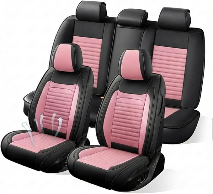 Car Seat Covers Full Set Fit for Toyota Matrix 2003-2014, Premium Faux Leather Car Seat Protector,Breathable Anti-Slip Full Wrapping Edge Seat Covers(Black&Pink,Full Set)