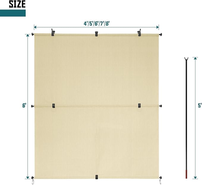Bynbbur 8'W x 10'H Outdoor Patio Shades Foldable Roller Blinds, 220 GSM Sun Shade Roll Up Porch Screens Exterior Shade Cloth for Deck Pergola Backyard, Beige