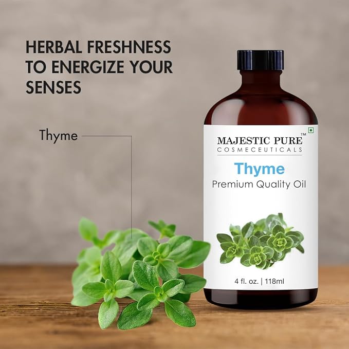 Majestic Pure Essential Oil with Glass Dropper - 100% Pure and Natural - Essential Oils for Diffuser, Aromatherapy, Soap and Candle Making, Thyme Essential Oil, Thyme Oil, 4 Fl Oz