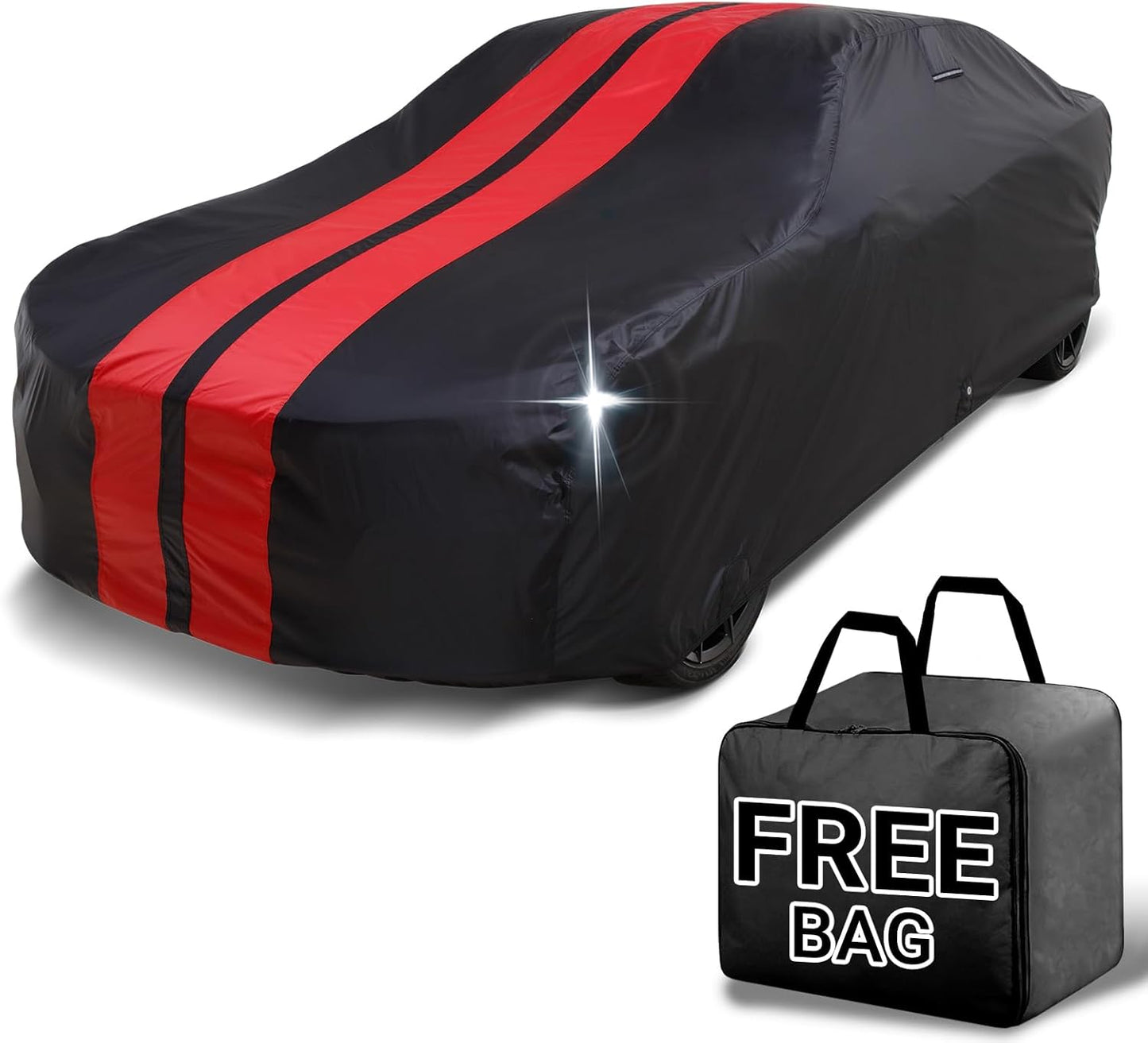 iCarCover Custom Car Cover for Chevy Vega (1971-1977) Waterproof All Weather Rain Snow UV Sun Protector Full Exterior Indoor Outdoor Car Cover (Stripe - Black/Red)
