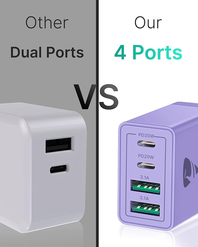 USB C Wall Charger Block 2-Pack, Aiminu 40W 4-Port PD Power Delivery Fast Type C Charging Block Plug Adapter for iPhone 15/14/13/12/11/Pro Max, XS/XR/X, iPad, Samsung, Android Phones Charger Cube