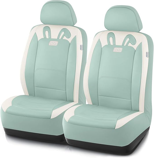 PIC AUTO Car Seat Covers, Cute Rabbit Premium Green Leather Seat Covers, Universal Fit Front Seat Covers for Cars, Trucks, SUVs, Soft & Wear-Resistant Auto Interior Protection with Airbag-Compatible