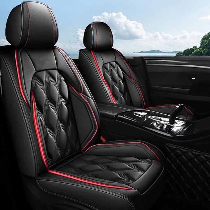 AOMSAZTO Front Seat Covers Fit for Maxima 2011-2023 Waterproof Faux Leather Car Seat Cover Compatible with Airbag(2PCS Front, Black&Redline)