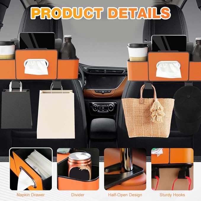 3-in-1 Car Backseat Organizer with Cup Holder, Tissue Box, Trash Bin & Hooks, 2026 Multifunctional Back Seat Car Organizer for Phones, Snacks, Drinks, and Handbags (brown)