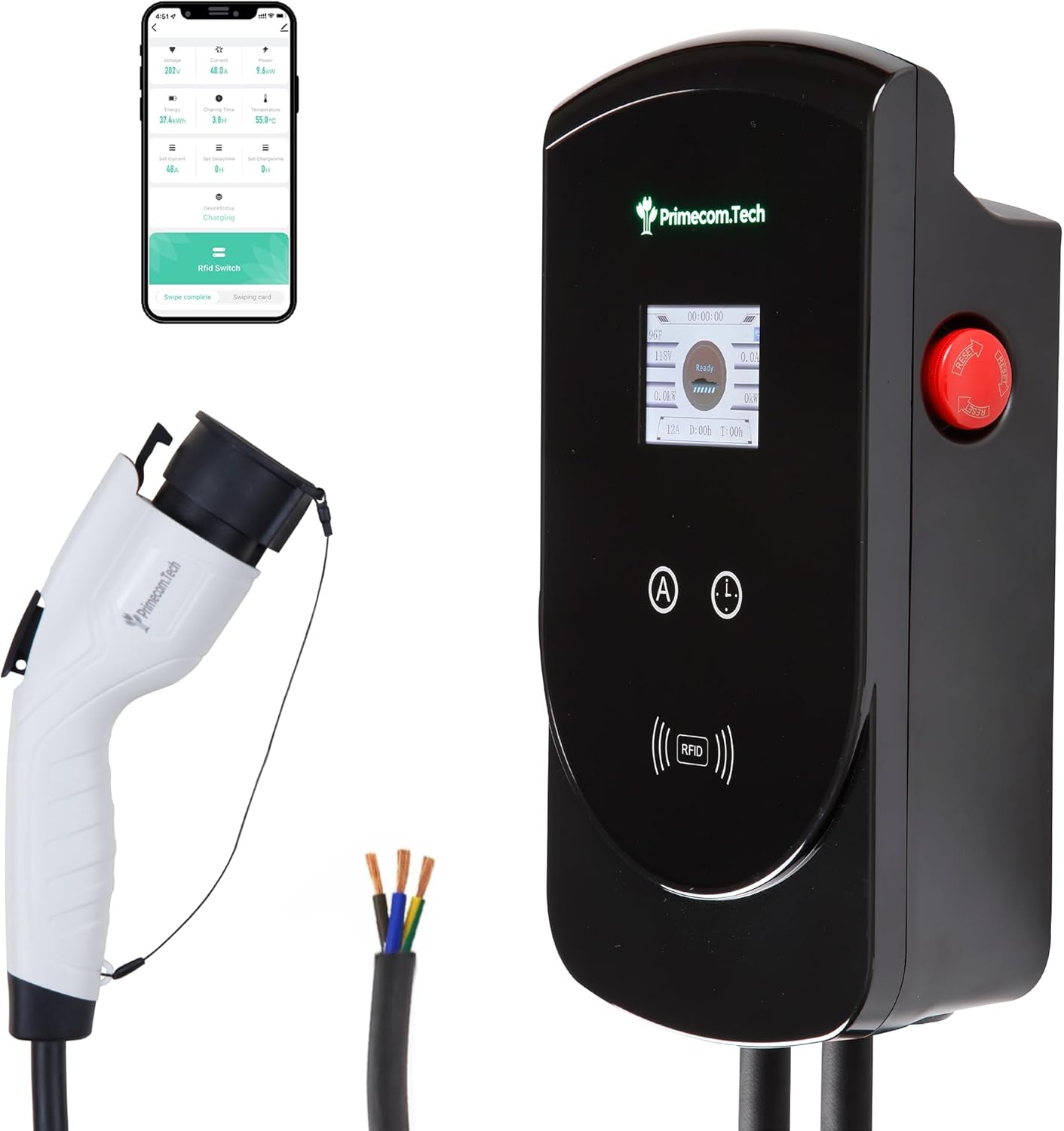 PRIMECOM 80 Amp 22KW 220Volt Level-2 18ft to 50ft Cord Lengths 20X Fast Smart Electric Vehicle EV Charging Station Ford Transit F-150 Lightning Lucid Air Polestar TeslaXS Taycan (40 Feet)