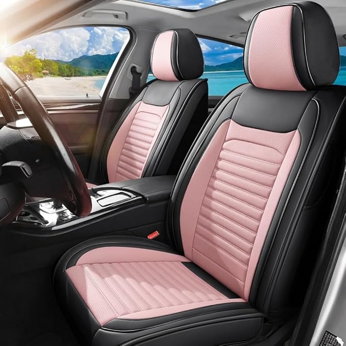 Car Seat Covers Full Set Fit for Toyota Yaris 2007-2020, Premium Faux Leather Car Seat Protector,Breathable Anti-Slip Full Wrapping Edge Seat Covers(Black&Pink,Full Set)