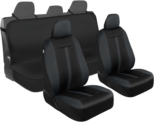 Motor Trend Front & Rear Car Seat Covers Full Set - Charcoal Cloth Bucket Seat Covers for Front Seats + Waterproof Rear Split Bench Cover – Universal Fit for Car Truck SUV Van Interior Protection