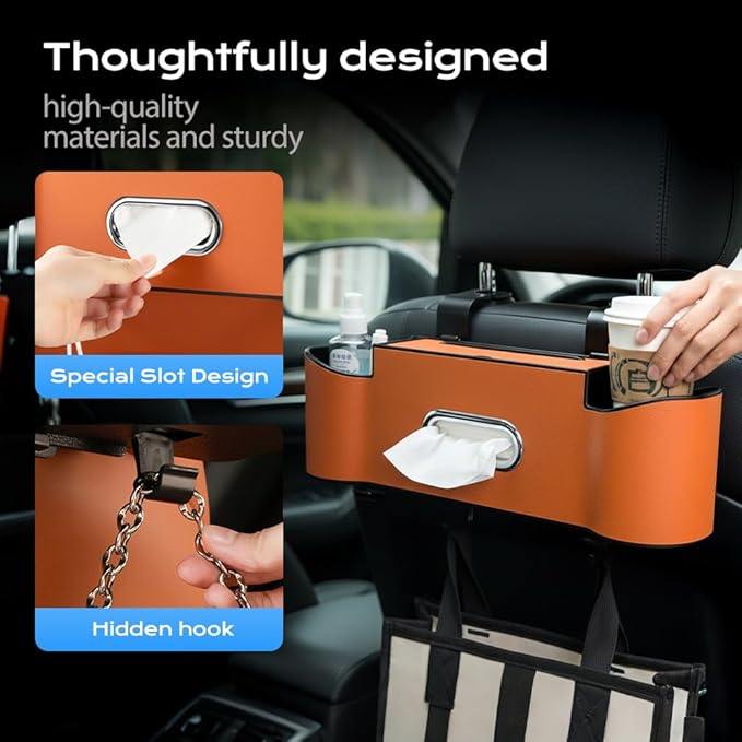 3-in-1 Car Backseat Organizer, 2026 New Multifunctional Back Seat Car Organizer with Cup Holder, Tissue Box, Trash Bin & Hooks for Hold Phones, Snacks, Drinks, Handbags (2, Brown)