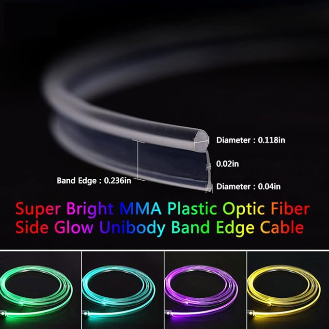 Super Bright MMA Plastic Optic Fiber Side Glow Unibody Band Edge Cable Car LED Illumination Optic Fiber Band Car Interior Atmosphere Lights (26.25ft)