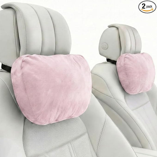 2PCS Car Pillow for Car Neck Pillow for Driving Seat Neck Support Soft Cushion Back Support Head-Rests for Vehicle Sleeping with Elastic Adjustment Strap (Light Pink, Head)