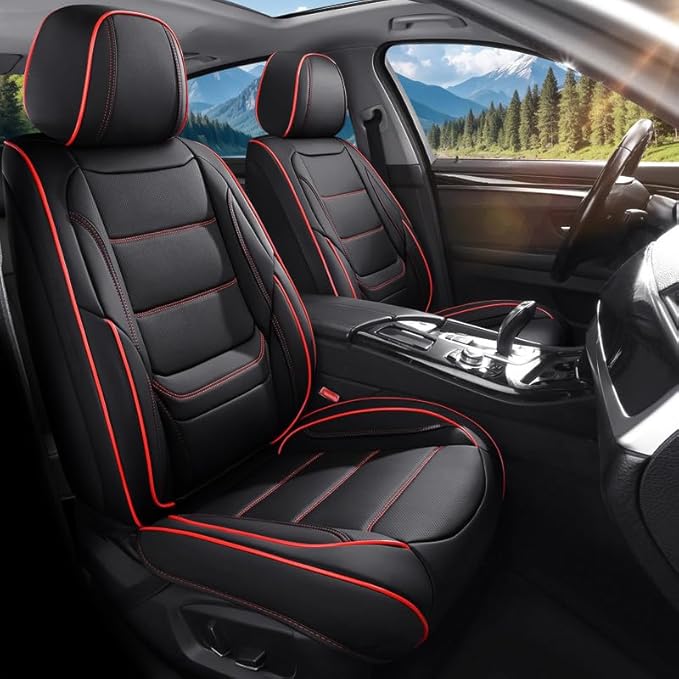 Car Seat Covers Full Set Custom Fit for Pontiac Vibe 2003-2010-Luxury Leather with Lumbar Support, Breathable, Waterproof, Anti-Slip, Durable, Easy to Install (Black&Red,Full Set)