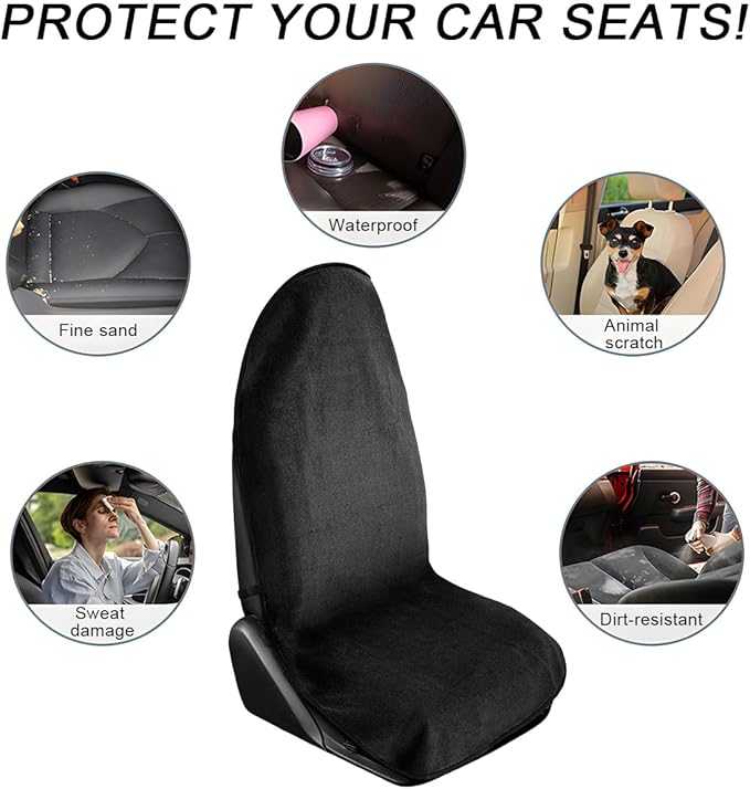 Waterproof Car Towel Seat Cover, Sweating Non-Slip Premium Towel Carseat Cover Protector, Universal Soft Machine Washable Car Truck SUV Front Seat Cover for Gym Workout Beach Hiking (Black)