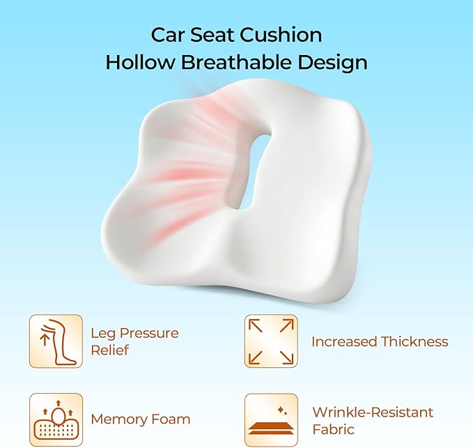 Car Seat Cushion & Lumbar Support Set, Memory Foam Seat Cushion for Long Sitting & Driving, Ideal for Truck Bus Van Drivers, Office Chair Cushion Set (Gray) (White)
