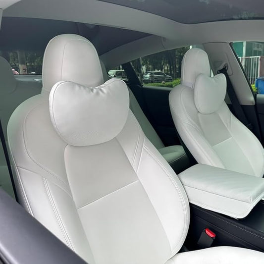 TESBEAUTY Nappa Leather Seat Headrest Pillow 2 Packs for Tesla Neck Pillow Uniquely Designed For Tesla Model X/SY/3 Higher Version Fits Taller Than 5'7", Genuine Nappa Leather Visible Strap White