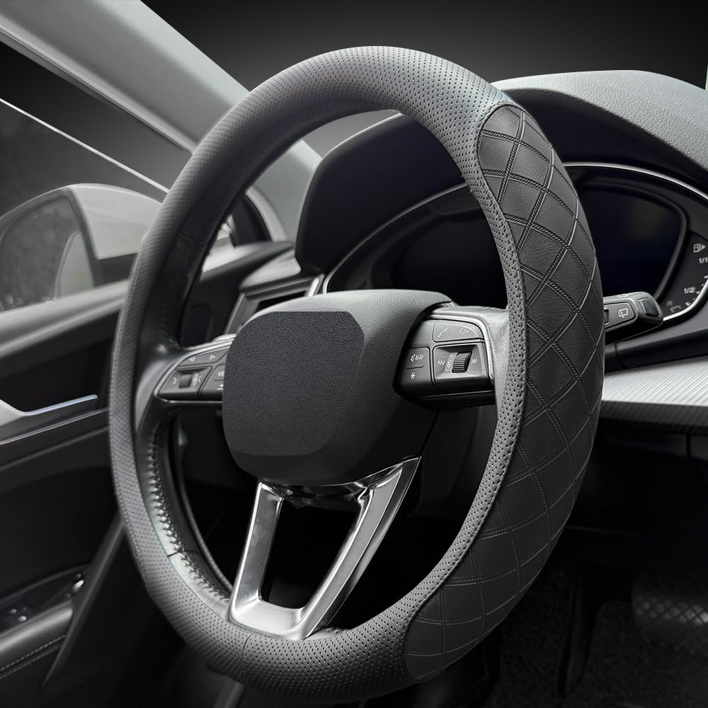 LKWLIKEI Nappa Leather Steering Wheel Cover, Elegant Diamond Checkered Design, Non-Slip wear-Resistant, Enhance Driving Comfort, Suitable for Steering Wheel Diameter 14 1/2‘-15’ Models.Black