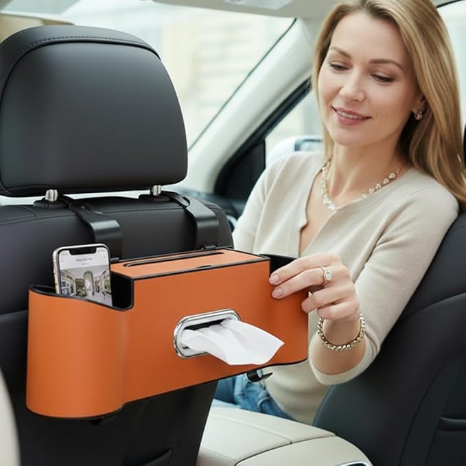 3-in-1 Car Backseat Organizer, 2026 New Multifunctional Back Seat Car Organizer with Cup Holder, Tissue Box, Trash Bin & Hooks for Hold Phones, Snacks, Drinks, Handbags (2, Beige)