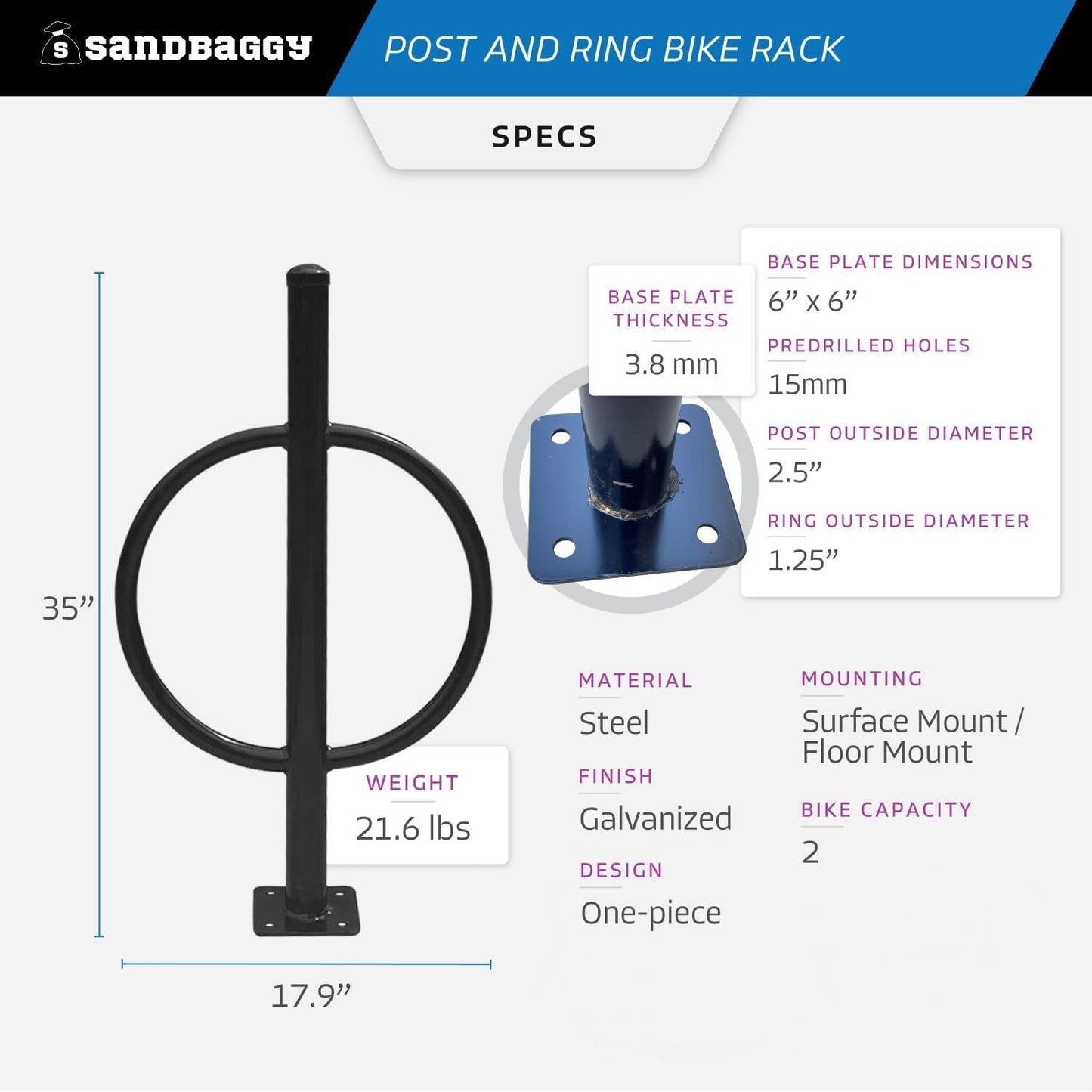 Sandbaggy Post and Ring Bike Rack - Commercial Bike Racks - Galvanized Steel - Anti-Theft Design - In Ground, Apartments, Sidewalks, Industrial (White, 1)