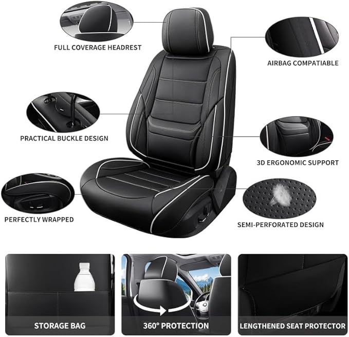 Car Seat Covers Full Set Custom Fit for Chevy Cruze 2011-2019-Luxury Leather with Lumbar Support, Breathable, Waterproof, Anti-Slip, Durable, Easy to Install (Black&White,Full Set)