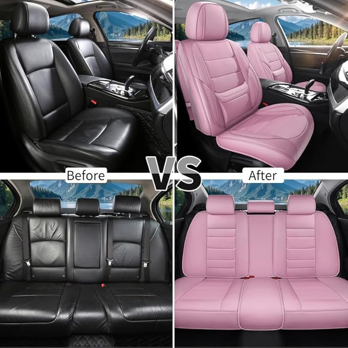 Car Seat Covers Full Set Custom Fit for Pontiac Vibe 2003-2010 - Premium Leather with Lumbar Support, Breathable, Anti-Slip & Excellent Seating Experience (Pink, Full Set)