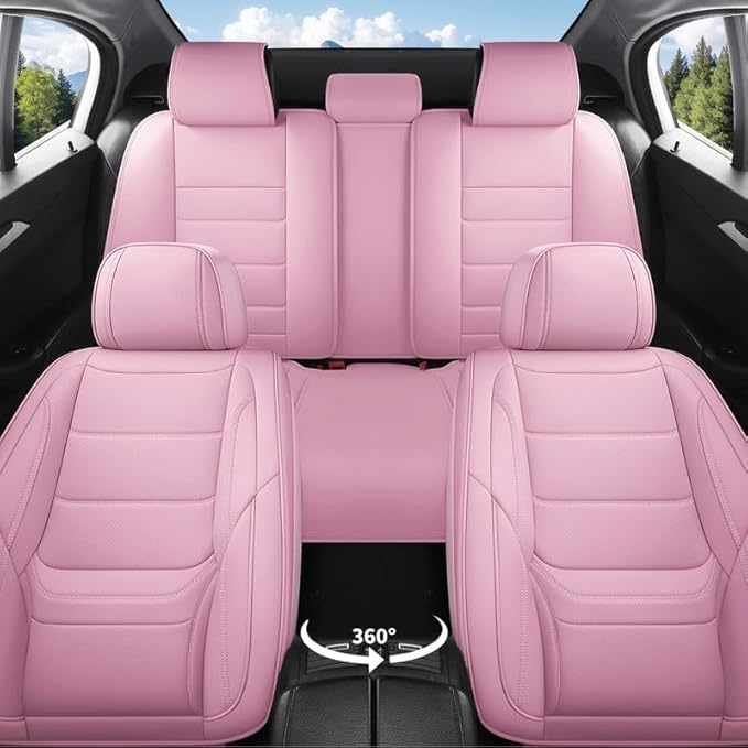 Car Seat Covers Full Set Fit for Buick Century 1997-2005, Premium Faux Leather Waterproof Car Seat Protectors with Lumbar Support, Breathable Anti-Slip Easy to Install(Pink,Full Set)
