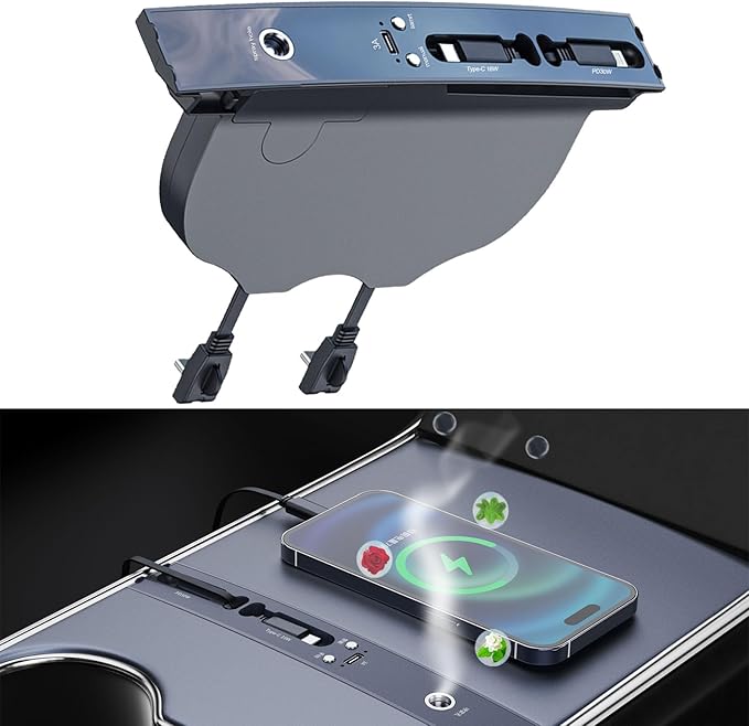 Car USB Hub with Smart Aromatic System Hub Charger for Tesla Model 3 2021-2023 / Model Y 2021-2025 Multifunctional Tesla Accessories with Retractable Fast Charging line