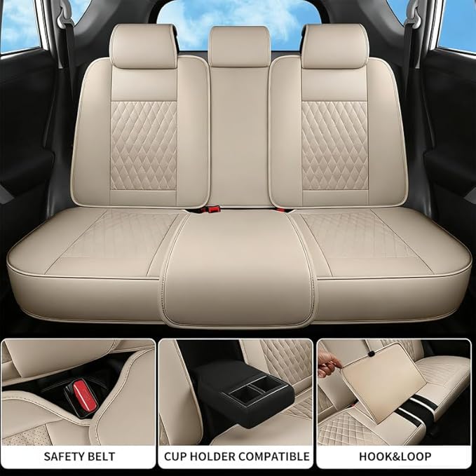 Car Seat Covers Full Set Custom Fit for Saturn Ion 2003-2010 - Premium Faux Leather with Lumbar Support | Breathable, Waterproof, Anti-Slip, Durable (Beige,Full Set)