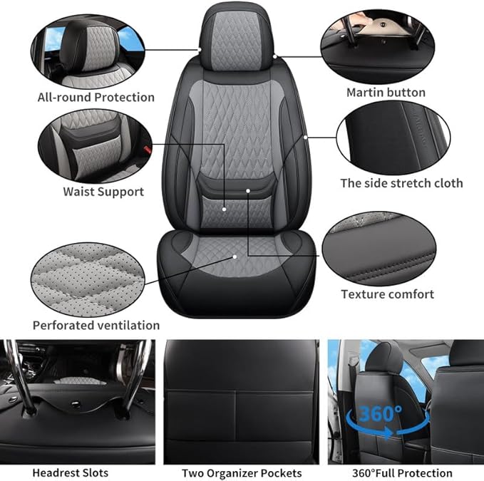 Car Seat Covers Full Set Custom Fit for Buick Lacrosse 2004-2019 - Premium Faux Leather with Lumbar Support | Breathable, Waterproof, Anti-Slip, Durable (Black&Gray,Full Set)