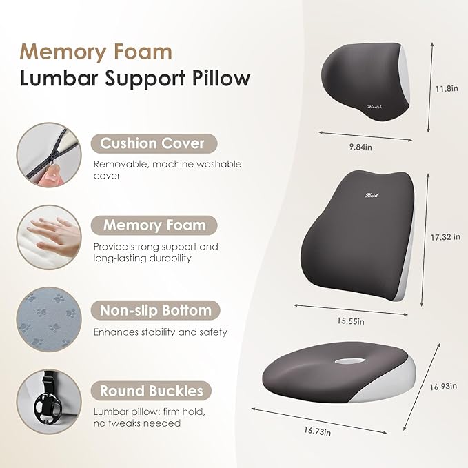 FLORICH Car Seat Cushion & Lumbar Support Pillow & Car Neck Pillow, Ergonomic Memory Foam Driving Seat Cushions for Back & Sciatica Pain Relief, Non-Slip Cushion for Car, Office Chair,Wheelchair-Gray
