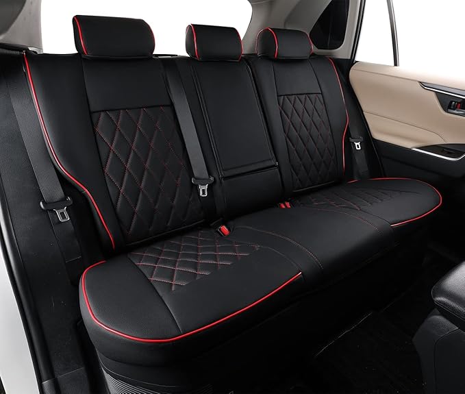 EKR Rav4 Seat Covers Custom Fit for Toyota Rav4 (Hybrid) SE/XSE & (PHEV) GR Sport 2026, Car Seat Cover Full Set for SUV,Factory-Style Upgrade, Easy-Wipe Protection,Faux Leather(Black with Red Piping)